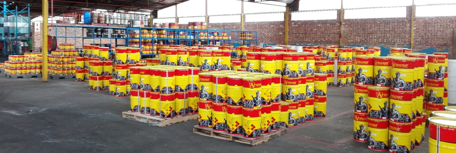 Pallets of finished Armour Coatings stock in the Marindec Paints store at Alrode, Gauteng